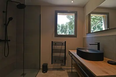 a bathroom with a sink and a glass shower at Lodge Les Arbousiers Di Lecci in Lecci
