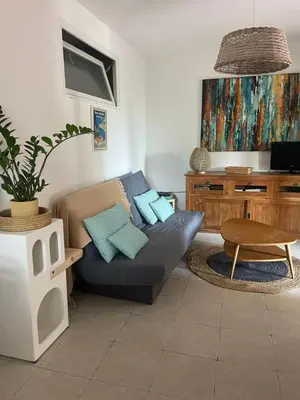 a living room with a couch and a table at Appartement meublé Porto vecchio in Porto-Vecchio