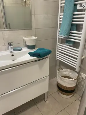 a bathroom with a sink and a mirror at Appartement meublé Porto vecchio in Porto-Vecchio