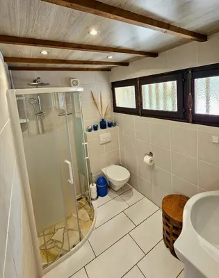 a bathroom with a shower and a toilet at Maison Le Guetali in Zonza