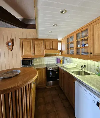 a small kitchen with wooden cabinets and a sink at Maison Le Guetali in Zonza