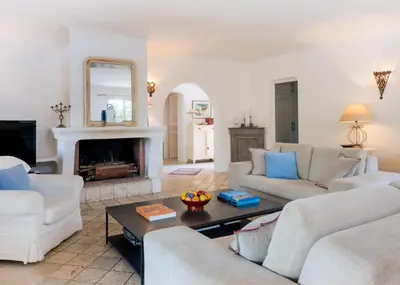 a living room with two couches and a fireplace at I Vaddi in Porto-Vecchio