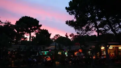 a group of people sitting at a table at night at Vignale Resort in Ghisonaccia