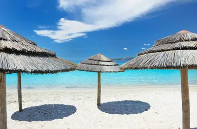 two straw umbrellas on a beach with the ocean at Appartement RDJ ds villa vue mer panoramique in Lecci