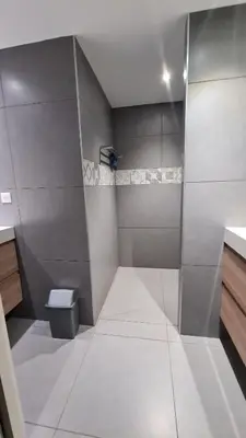a bathroom with a shower with a toilet at Appartement RDJ ds villa vue mer panoramique in Lecci
