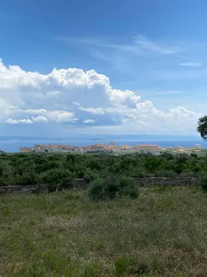 a field with a view of the ocean and buildings at Petit chalet d’été avec piscine privée chauffée in Bonifacio