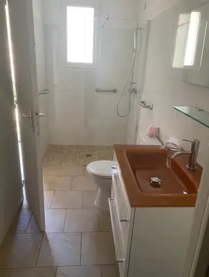 a bathroom with a sink and a toilet and a shower at Résidence les chênes in Borgo