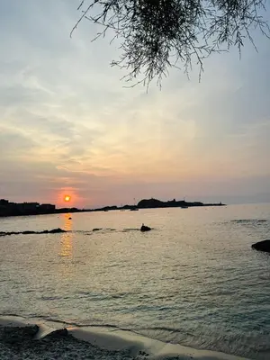 a sunset over a body of water with the sun setting at Appartement en rez de villa in Aregno