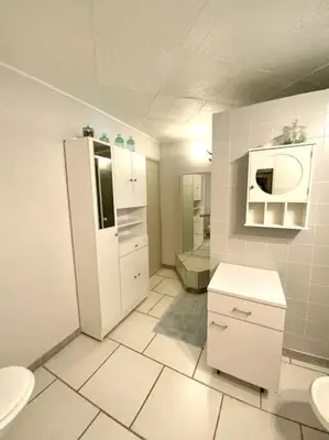 a white bathroom with a toilet and a sink at Appartement en rez de villa in Aregno