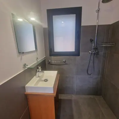 a bathroom with a sink and a shower at Bergerie Nepita Oasis Rustique and Private Pool in Porto-Vecchio