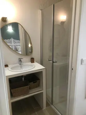 a bathroom with a shower and a sink and a mirror at Gîte A Funtana Montestremo, Balagne, Haute Corse in Manso