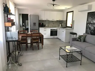 a kitchen and living room with a couch and a table at Gîte A Funtana Montestremo, Balagne, Haute Corse in Manso