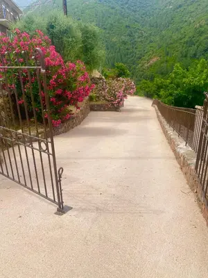 a walkway with pink flowers and a fence at Gîte A Funtana Montestremo, Balagne, Haute Corse in Manso