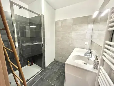 a bathroom with a shower and a sink at Les terrasses de Toretta in Ajaccio