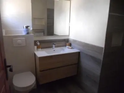 a bathroom with a sink and a toilet and a mirror at SEJOUR DETENTE BALAGNE ENTRE MER ET MONTAGNE in Urtaca