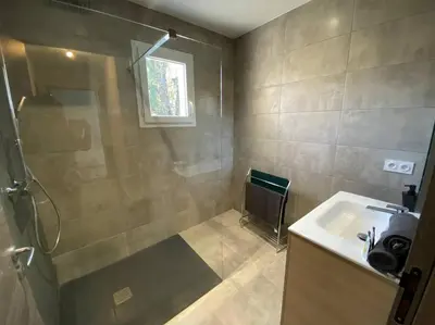 a bathroom with a sink and a shower at Monte Santu T2 in Prunelli-di-Fiumorbo