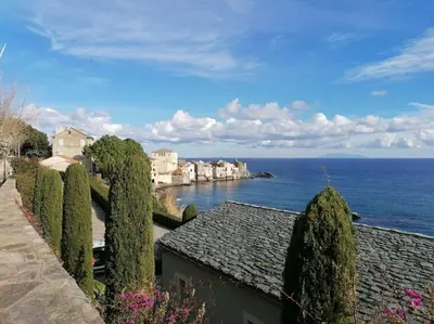 a view of the ocean from a house with trees at Monte Santu T2 in Prunelli-di-Fiumorbo