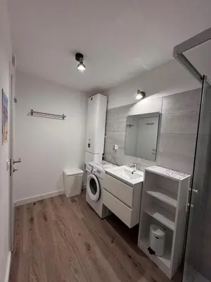 a bathroom with a washing machine and a sink at Appartement à Cala Rossa in Lecci