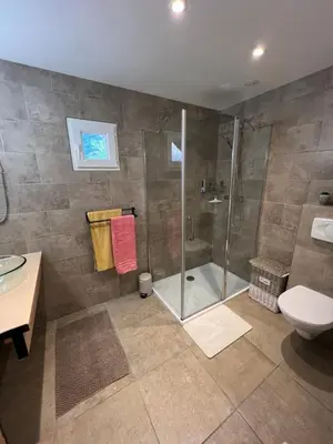 a bathroom with a shower and a toilet and a sink at Residence Appartement le Porto in Porto Ota