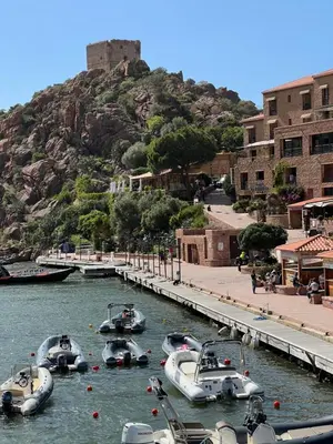 a group of boats docked in a river with a mountain at Residence Appartement le Porto in Porto Ota