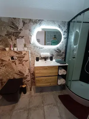 a bathroom with a sink and a mirror at chambre d'hôte cosy L'AGHJA in Carbuccia