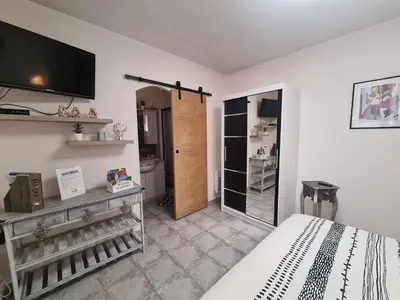 a bedroom with a bed and a television on the wall at chambre d'hôte cosy L'AGHJA in Carbuccia