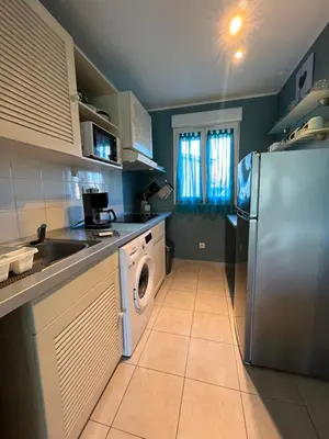 a kitchen with a refrigerator and a washing machine at Villa Melody duplex climatisée piscine in Santa-Maria-Poggio