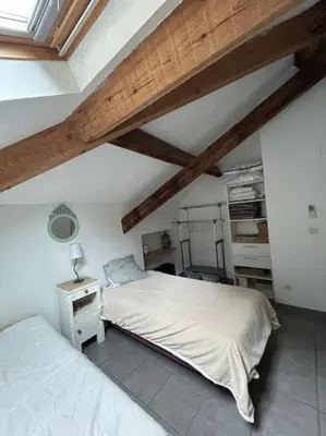 a bedroom with two beds in a room with wooden ceilings at Appartement au cœur d’un village in Foce