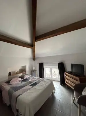 a bedroom with a large bed and a television at Appartement au cœur d’un village in Foce