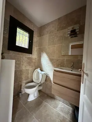 a bathroom with a toilet and a sink and a window at casa in Palasca