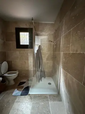 a bathroom with a shower and a toilet at casa in Palasca