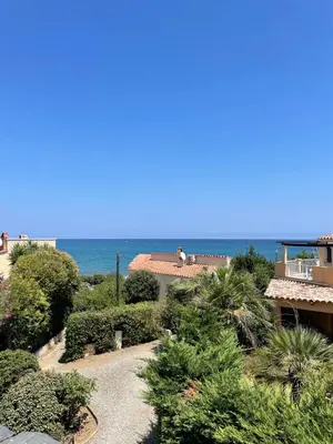 a view of a garden with the ocean in the background at RESIDENCE LA PLAGE Pieds dans l'eau Belle Vue mer in Linguizzetta