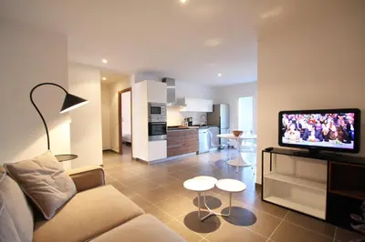 a living room with a couch and a flat screen tv at Residence Catherine in Calvi