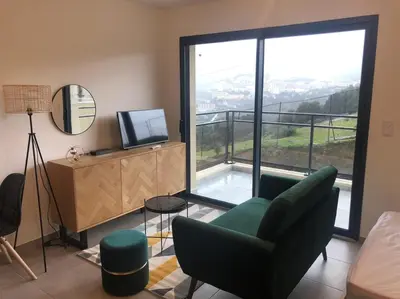 a living room with a green chair and a large window at T1 de standing avec vue in Corte