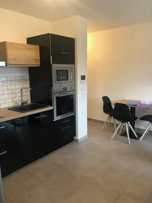 a kitchen with black cabinets and a table with chairs at T1 de standing avec vue in Corte
