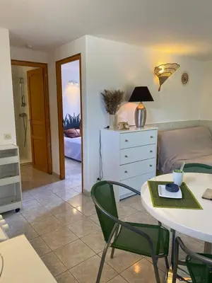 a room with a bed and a table with chairs at Appartement T2 Olmeto in Olmeto