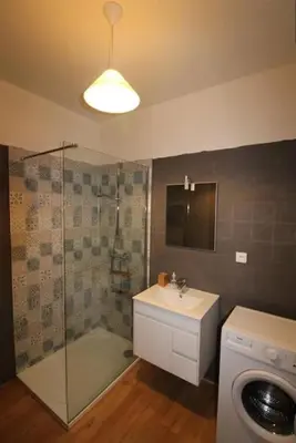 a bathroom with a shower and a sink and a washing machine at Studio face mer Porticcio, proche aéroport Ajaccio in Porticcio
