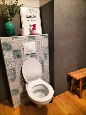 a bathroom with a toilet with a wall at Studio face mer Porticcio, proche aéroport Ajaccio in Porticcio