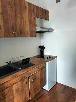 a kitchen with wooden cabinets and a sink and a counter at Studio face mer Porticcio, proche aéroport Ajaccio in Porticcio