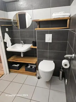 a bathroom with a white toilet and a sink at Maison Lido Marana plage in Borgo