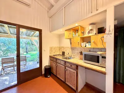 a kitchen with a sink and a microwave at Mini villa Centuri, Santa Giulia in Porto-Vecchio