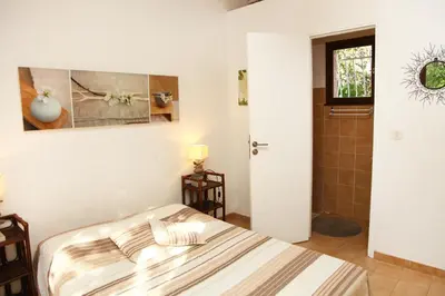 a bedroom with a bed and a shower at Villa Tizzano, Santa Giulia in Porto-Vecchio