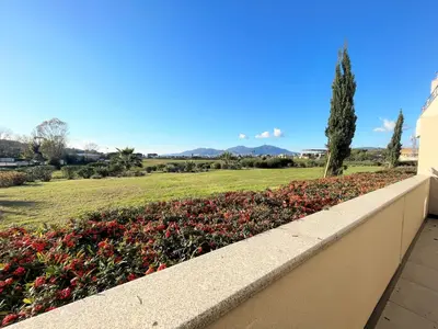 a retaining wall next to a field of flowers at Appartement Le Frasso PORTICCIO in Porticcio