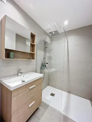 a bathroom with a sink and a shower at Pretty cocoon with harbour view in Porto-Vecchio
