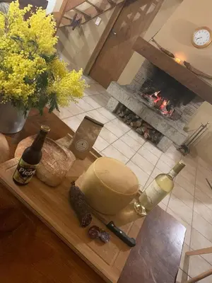 a table with bottles of wine and a fireplace at Casa Jeromine in Quenza