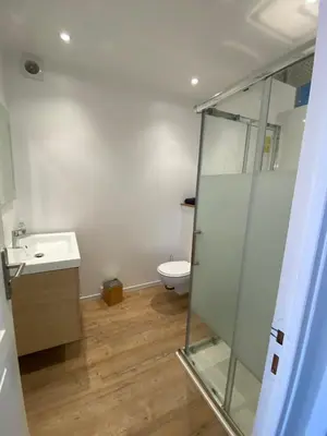 a bathroom with a glass shower and a toilet at Villa Oliera in Saint-Florent