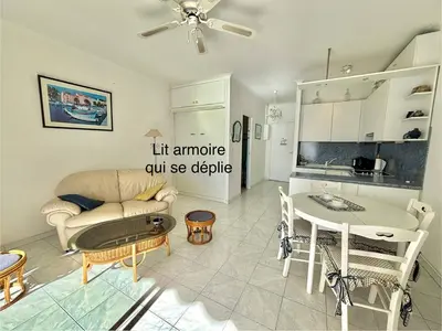 a living room with a couch and a table at Studio Corse Azur pieds dans l'eau Ajaccio in Ajaccio