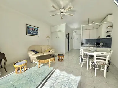 a living room with a couch and a table at Studio Corse Azur pieds dans l'eau Ajaccio in Ajaccio