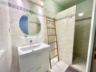 a bathroom with a sink and a mirror and a ladder at Studio l'orée du bois AJACCIO in Ajaccio