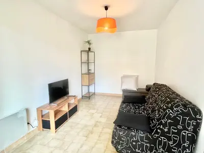 a living room with a couch and a television at Studio l'orée du bois AJACCIO in Ajaccio